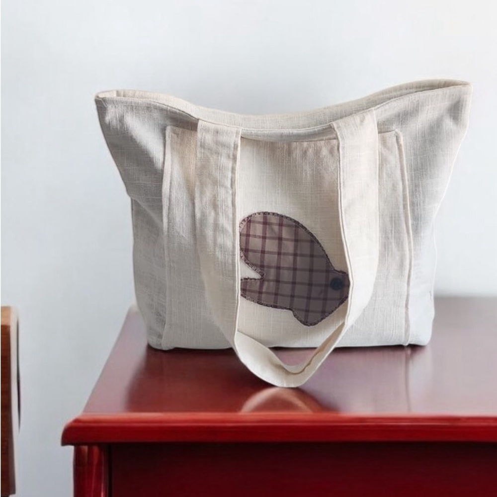 Plaid Accent Cream Tote Bag